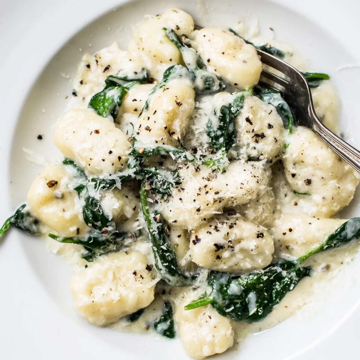 A close-up of Creamy Gnocchi with Spinach, garnished with freshly cracked black pepper and extra Parmesan, ready for a cozy dinner.