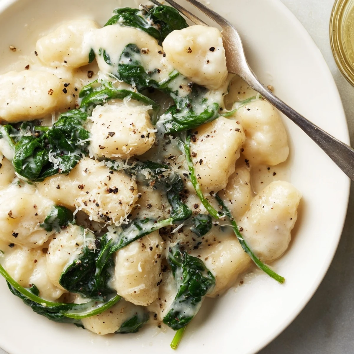 Creamy Gnocchi with Spinach plated with a glass of white wine, highlighting the velvety sauce and vibrant spinach in a comforting meal.