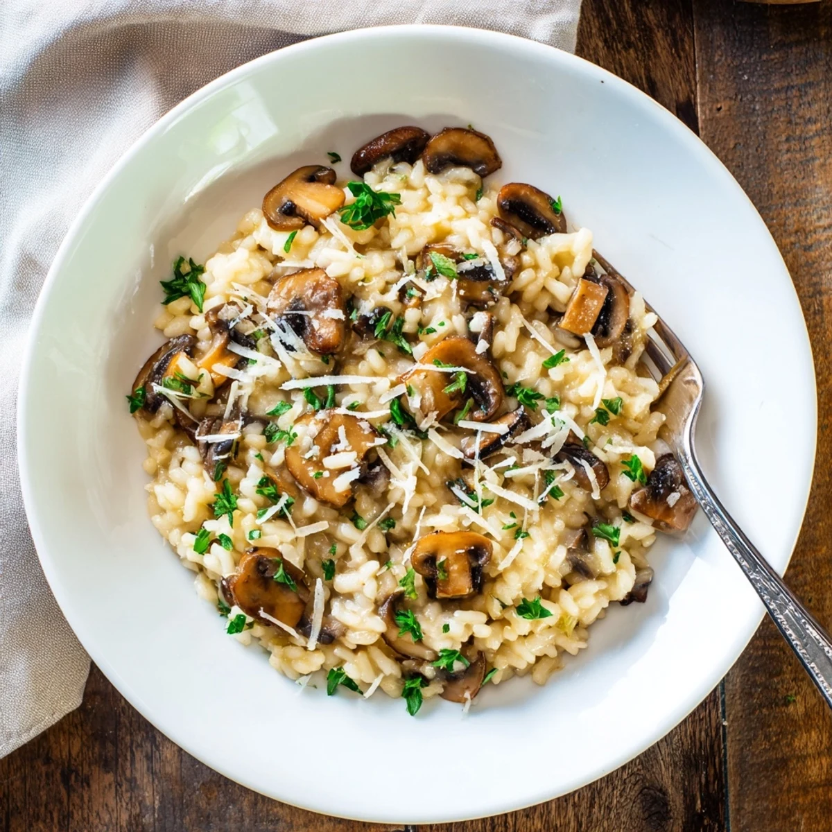 Creamy mushroom risotto served warm with melted Parmesan and fresh parsley garnish on a rustic wooden table.