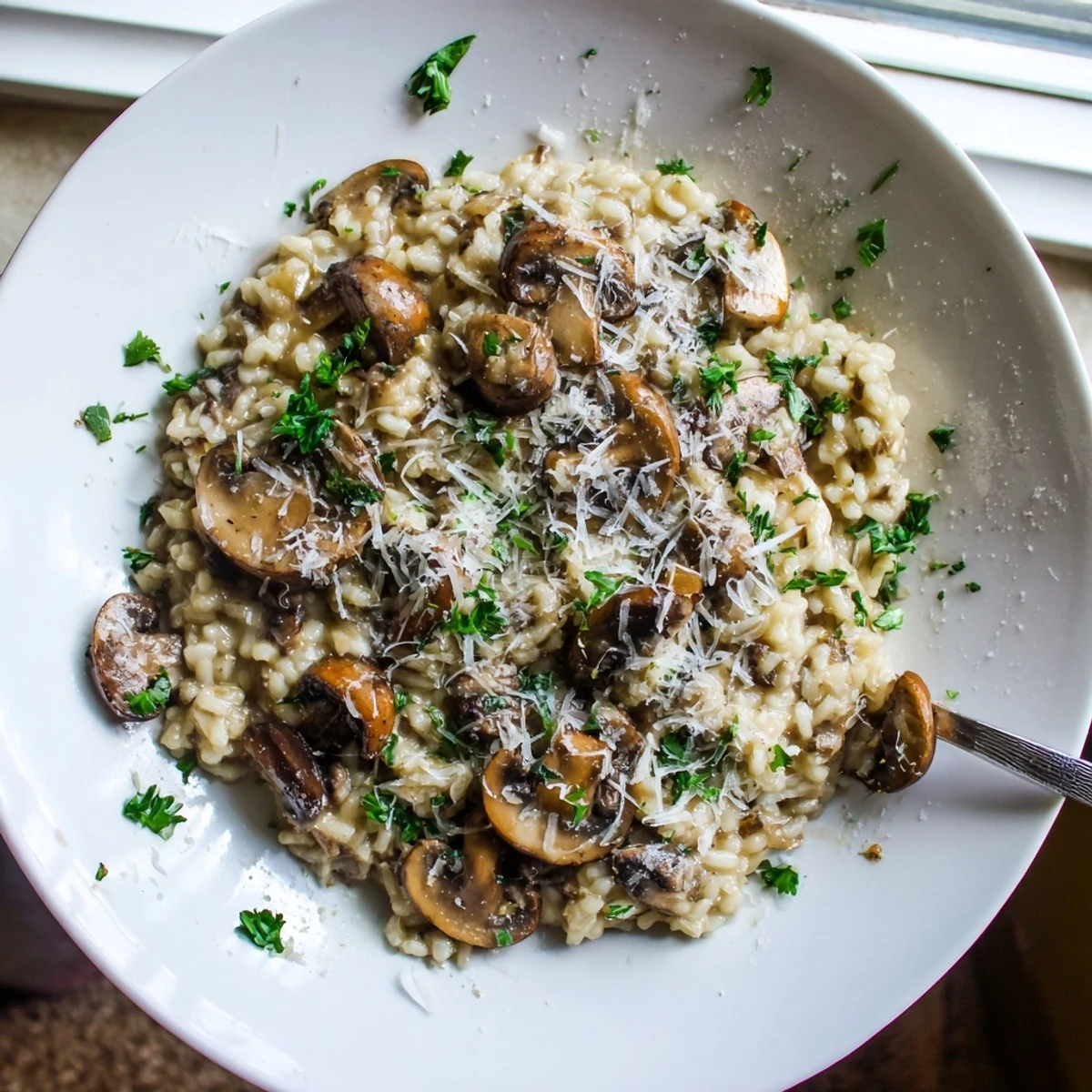 A close-up of creamy mushroom risotto with sautéed cremini mushrooms, thyme, and a generous Parmesan topping.