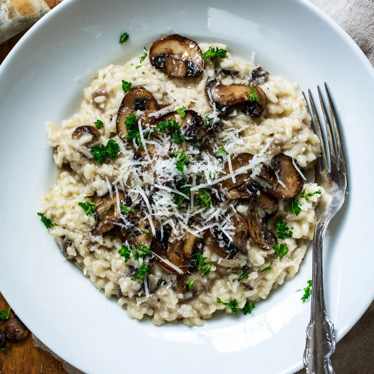 Savory Italian mushroom risotto in a white bowl, garnished with parsley, ready to serve as a main dish.