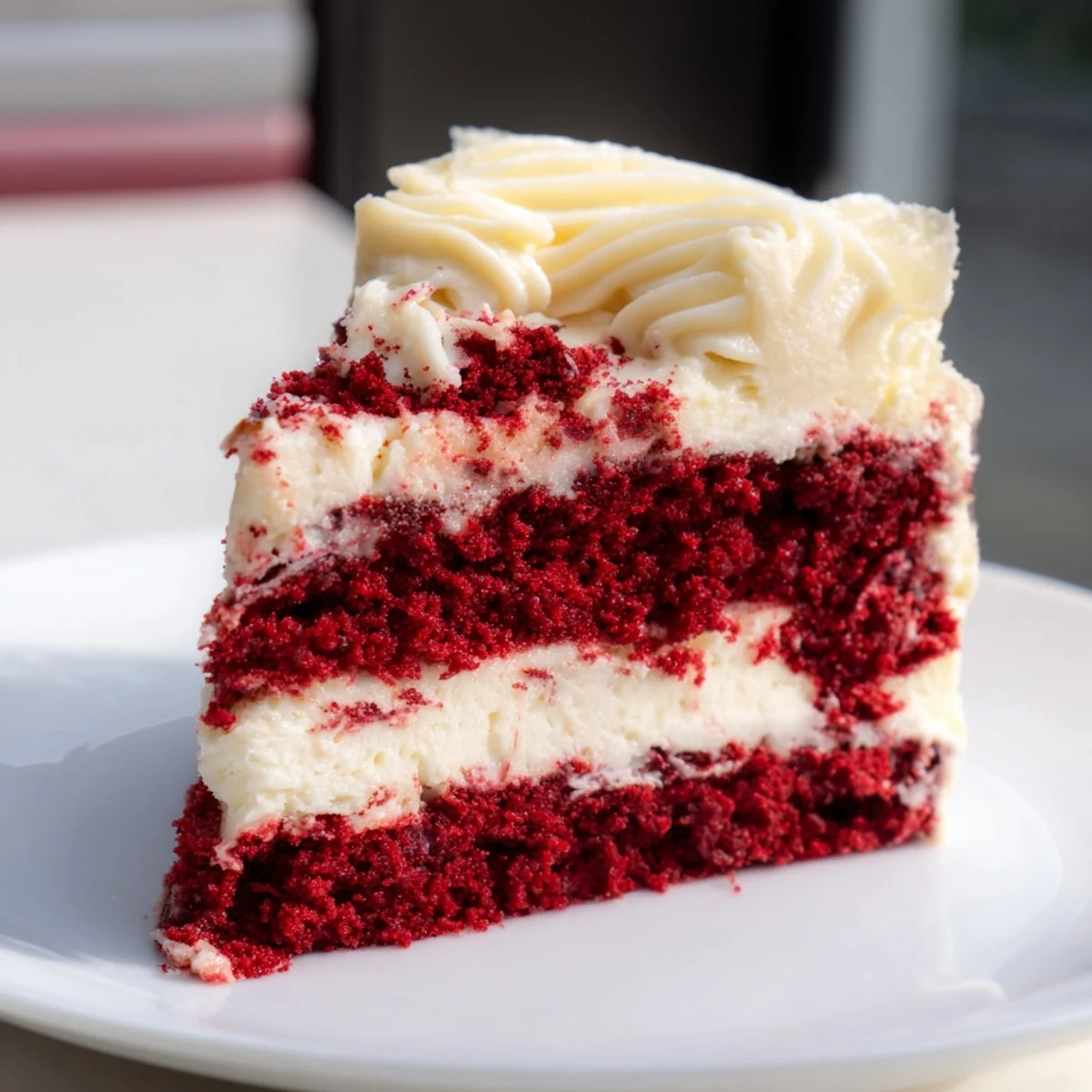 A slice of layered Red Velvet Cheesecake showcases the moist cocoa cake base and creamy, tangy cheesecake topping on a white plate.  