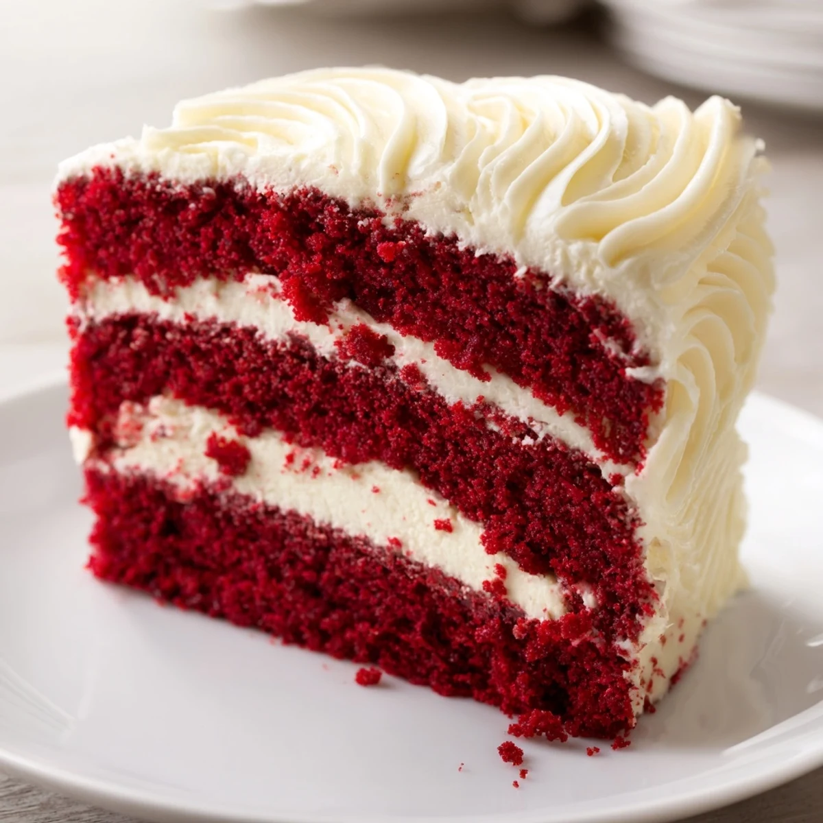 Decadent Red Velvet Cheesecake presents a velvety texture, garnished with white chocolate curls, perfect for a holiday dessert spread.