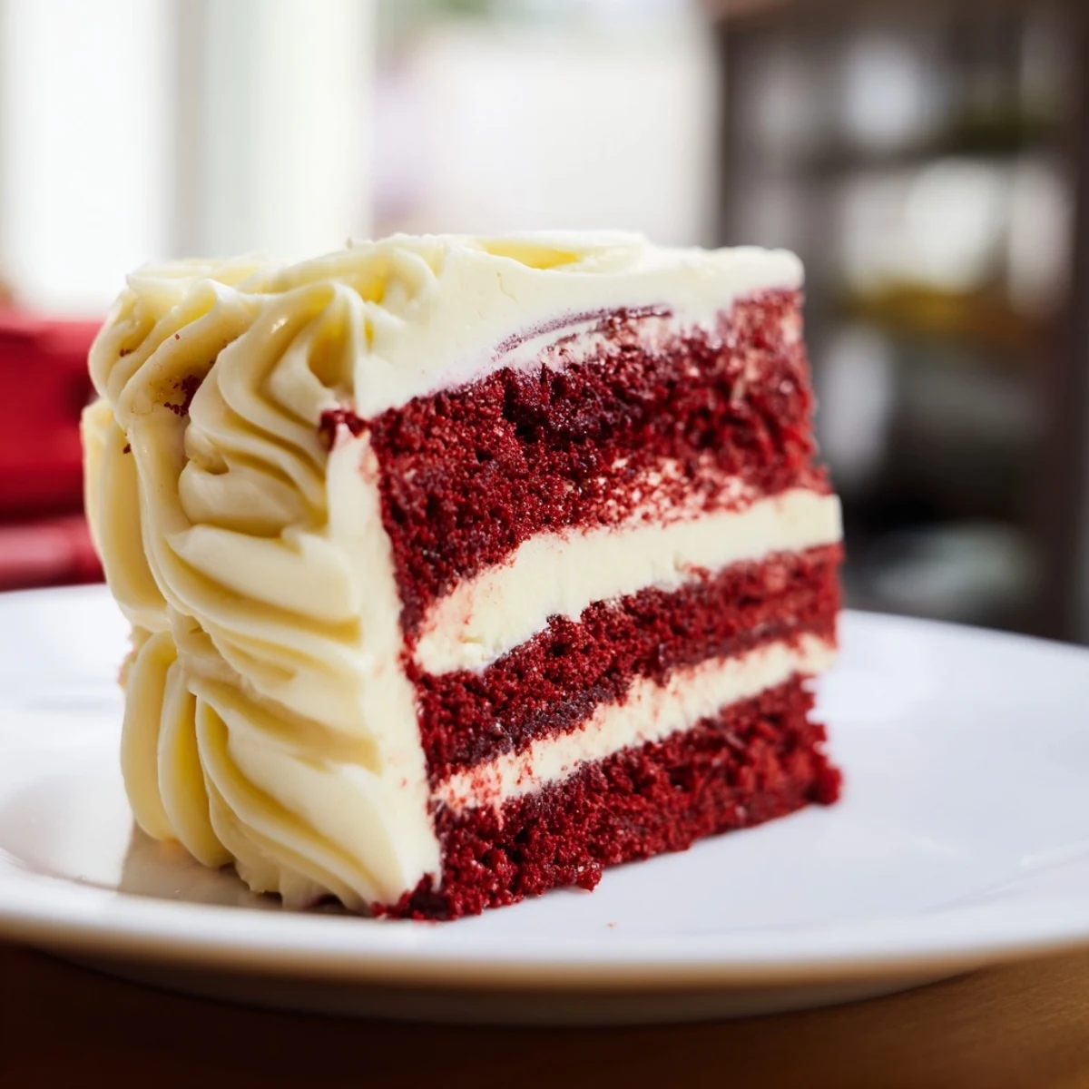 Red Velvet Cheesecake is sliced to reveal its maroon layers, paired with a dollop of cream cheese frosting and fresh raspberries.  