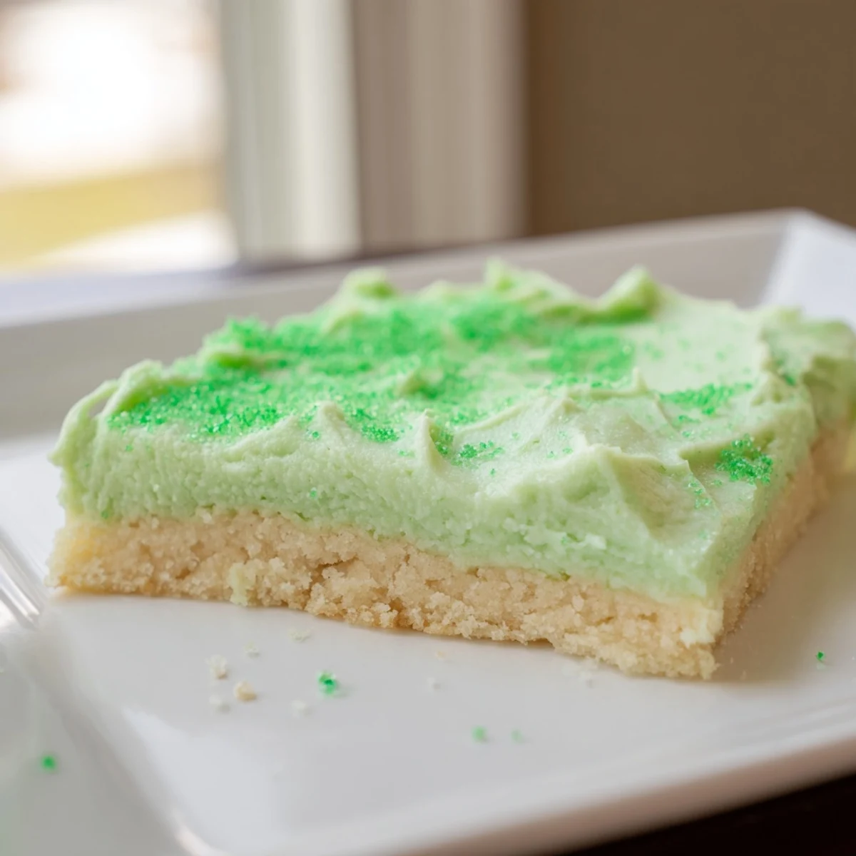 Freshly baked Shamrock Cookie Bars with soft sugar cookie bases topped with vibrant green frosting and festive sprinkles.  
