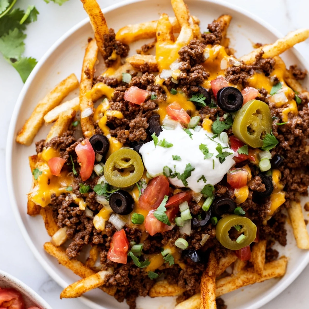 Golden crispy fries topped with seasoned beef, melted cheddar, and Monterey Jack, finished with sour cream and jalapeños.