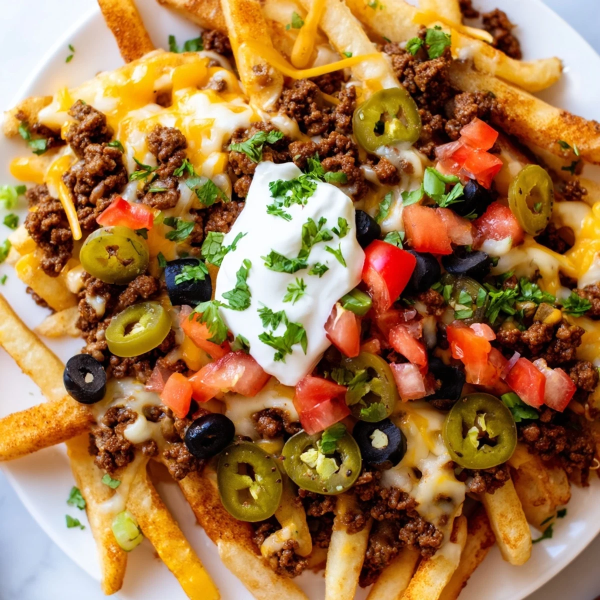 A shareable platter of loaded nacho fries, garnished with green onions, black olives, and cilantro for a Tex-Mex game day feast.