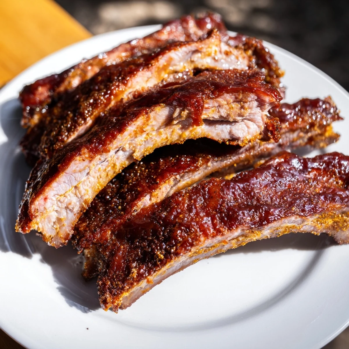 Succulent Tailgate Ribs with BBQ Sauce glistening with a sticky, caramelized glaze, ready for game day feasting.  