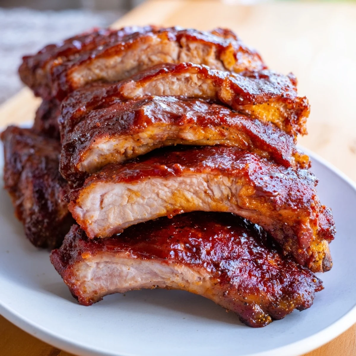 A close-up of smoky Tailgate Ribs with BBQ Sauce, sliced to reveal tender, juicy meat and a charred edge.  