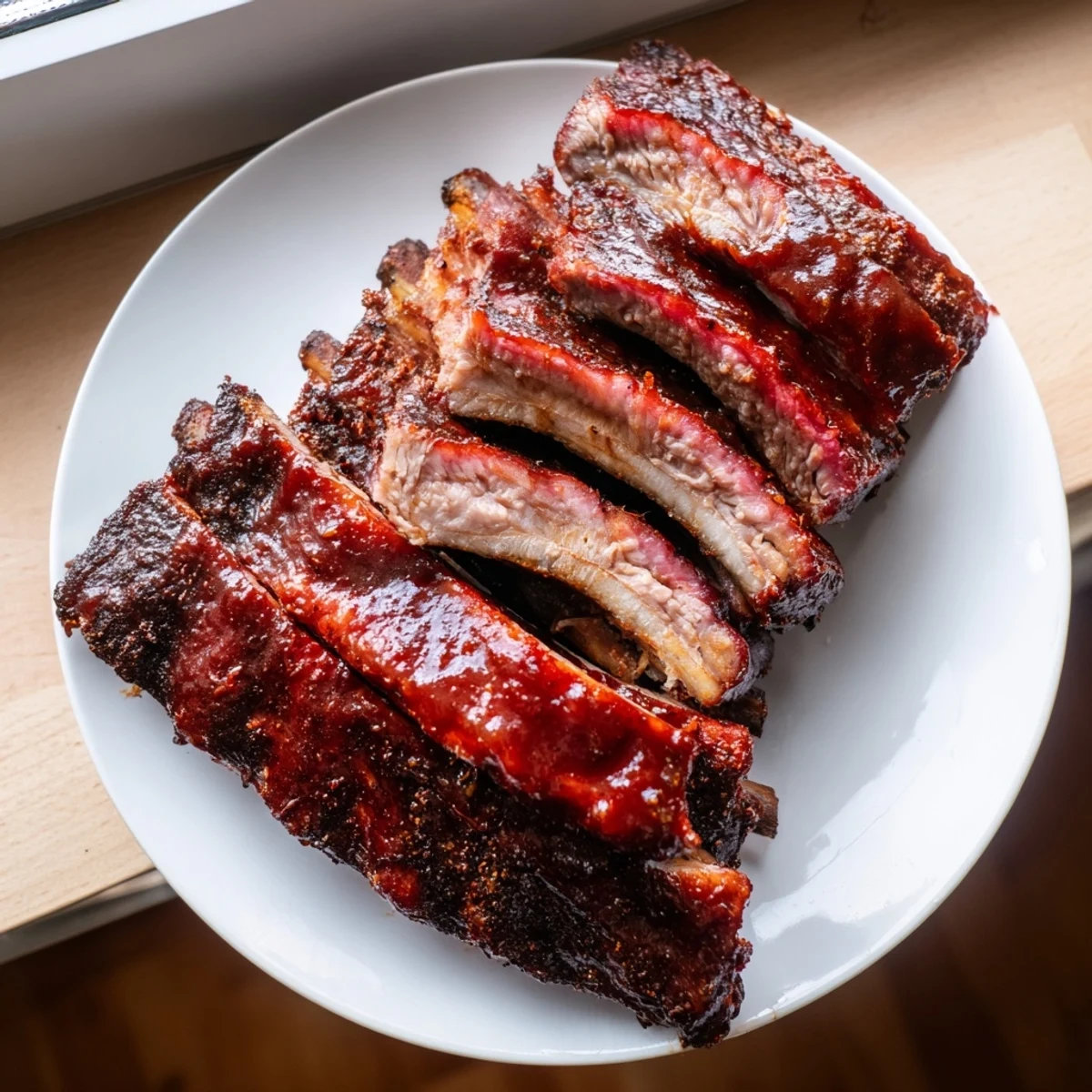 Heaping platter of Tailgate Ribs with BBQ Sauce served with cornbread and coleslaw at a backyard picnic table.