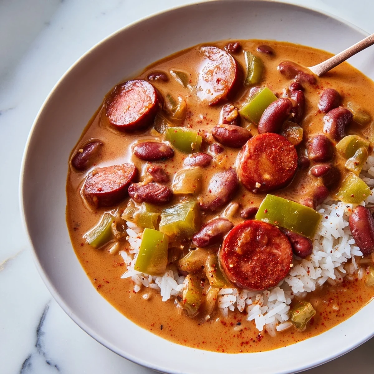 Golden-brown sausage slices and creamy red beans simmer in a rich, aromatic broth, served over a bed of steaming white rice.  