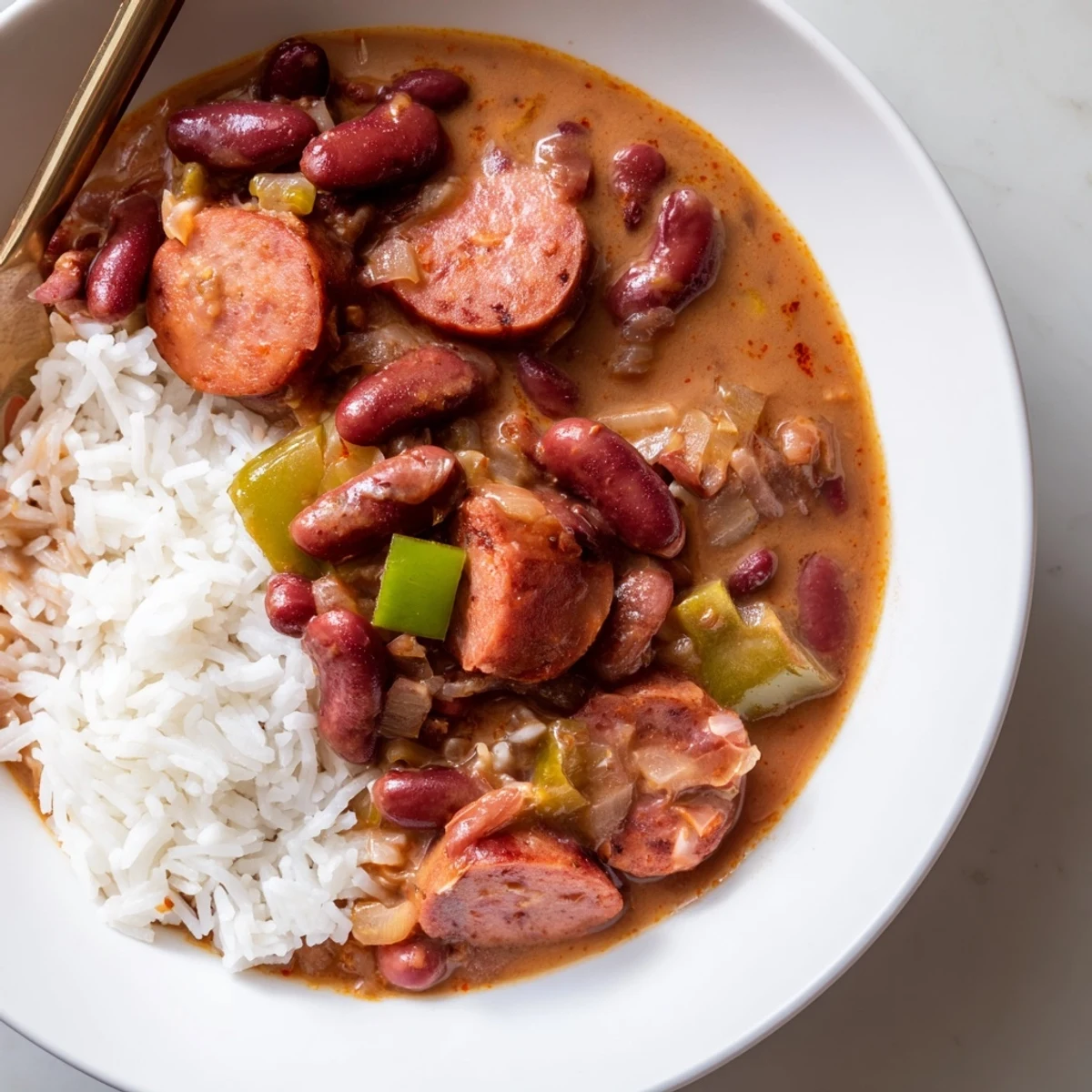 A classic Louisiana Creole dish showcases tender red beans and smoked sausage, served over fluffy white rice with a dash of hot sauce.