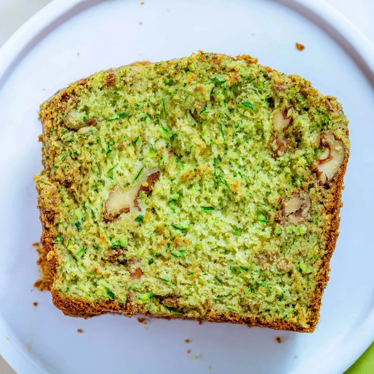 Slice of tender green zucchini bread showing flecks of green, served with a smear of cream cheese on a plate.  