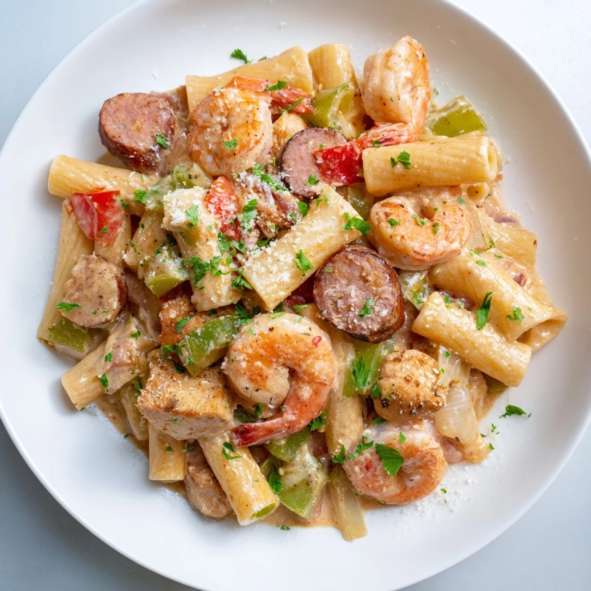 A bowl of creamy Mardi Gras Jambalaya Pasta featuring andouille sausage, chicken, and shrimp in a rich, spicy sauce.