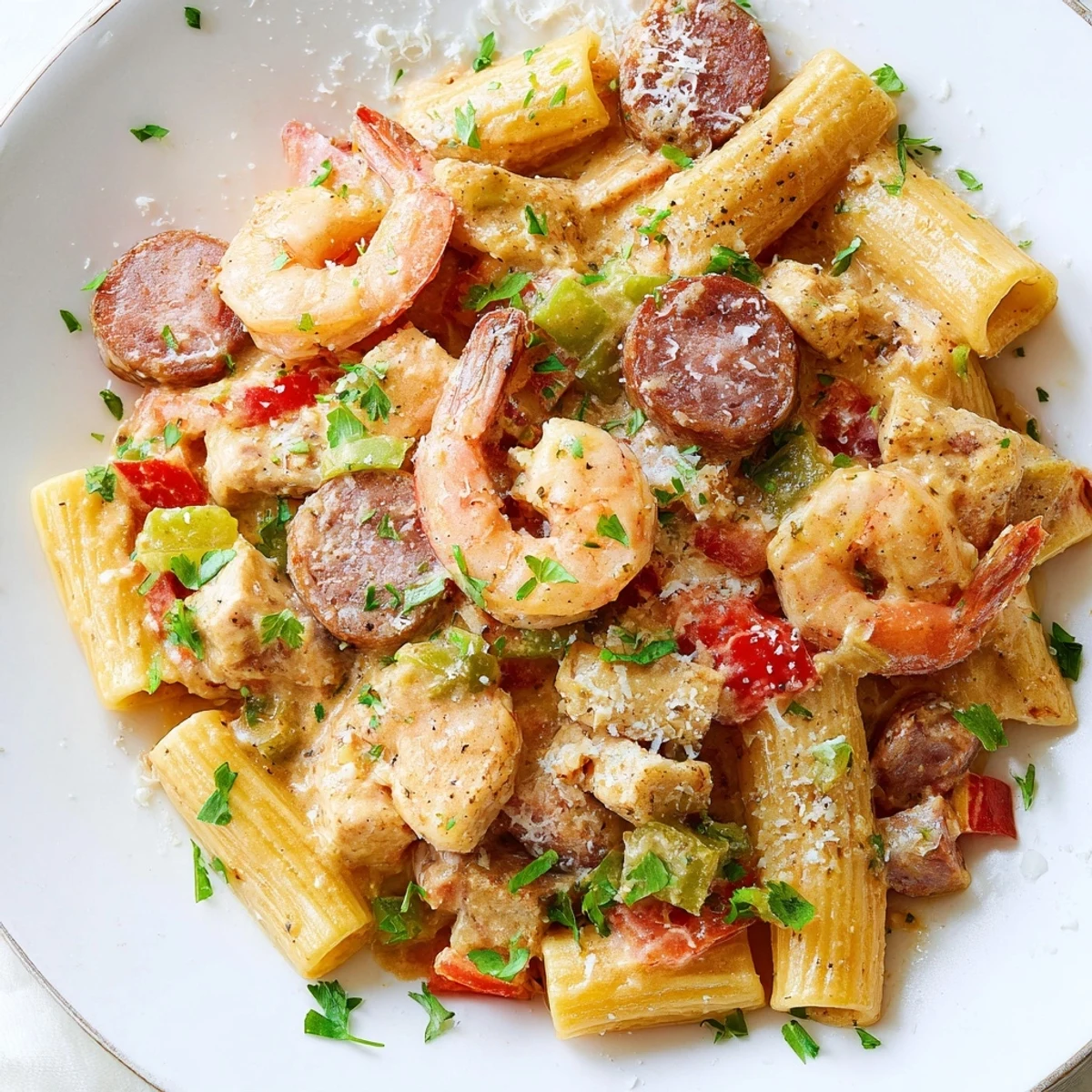 Colorful bell peppers and pasta tossed in a creamy Cajun sauce, garnished with fresh parsley for a festive dinner.