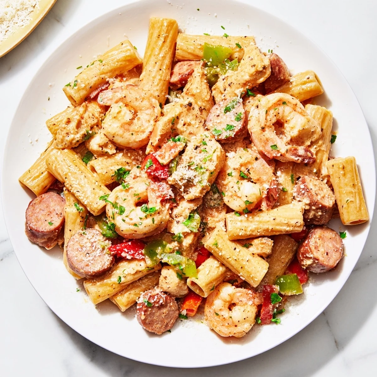 Sizzling Mardi Gras Jambalaya Pasta with shrimp, chicken, and sausage in a velvety sauce, ready to serve hot.