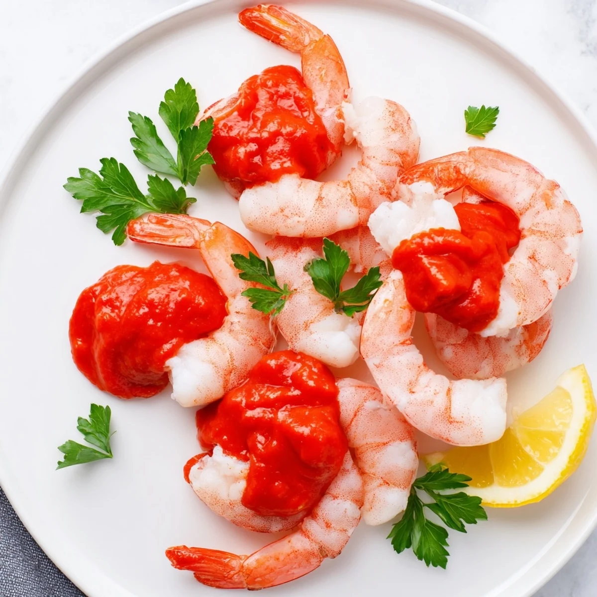 Chilled shrimp cocktail elegantly arranged with zesty homemade sauce, lemon wedges, and fresh dill garnish for a romantic appetizer.