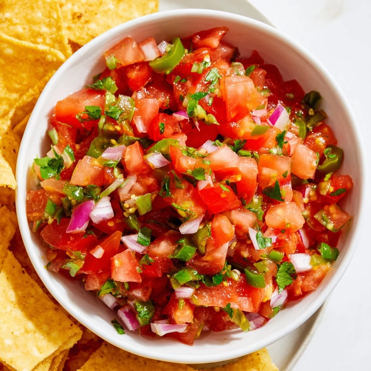 Crispy golden tortilla chips piled high next to a bowl of fresh, chunky Big Game Chips and Salsa.