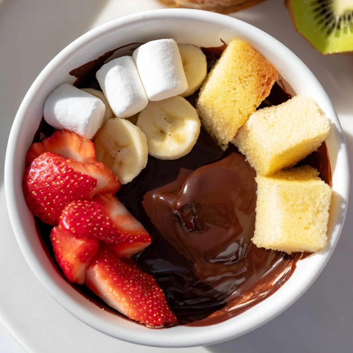 Steaming, silky Date Night Chocolate Fondue in a rustic pot, surrounded by fresh strawberries, banana slices, and marshmallows for dipping.