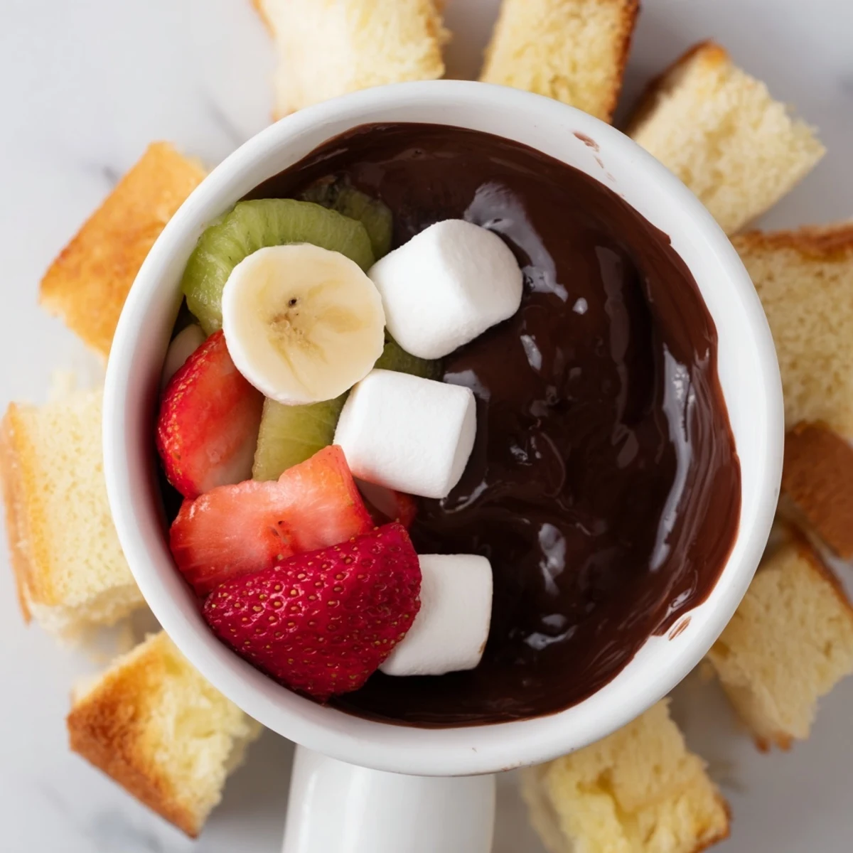 A romantic platter for Date Night Chocolate Fondue features toasted pound cake cubes, pretzel sticks, and ripe kiwi chunks beside the warm chocolate.