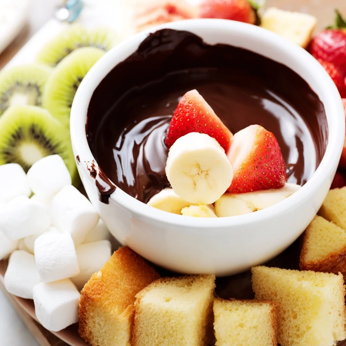 Golden candlelight illuminates Date Night Chocolate Fondue in a ceramic pot, with strawberries, banana slices, and pretzels ready for a sweet, shareable dessert.
