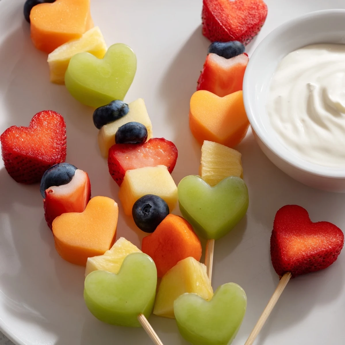 Freshly made Sweetheart Fruit Skewers with Yogurt Dip, featuring vibrant strawberries, pineapple, and grapes on wooden sticks.  