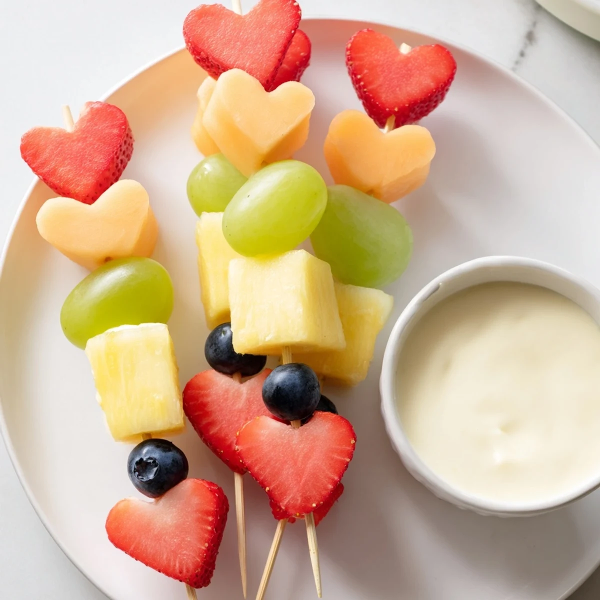 A platter of Sweetheart Fruit Skewers with Yogurt Dip, arranged for a healthy and festive celebration.