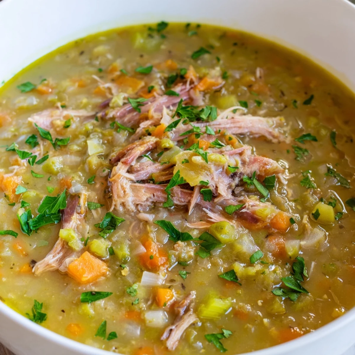 Hearty Green Split Pea Soup with Smoked Turkey bubbling in a pot, garnished with fresh parsley and cracked pepper.