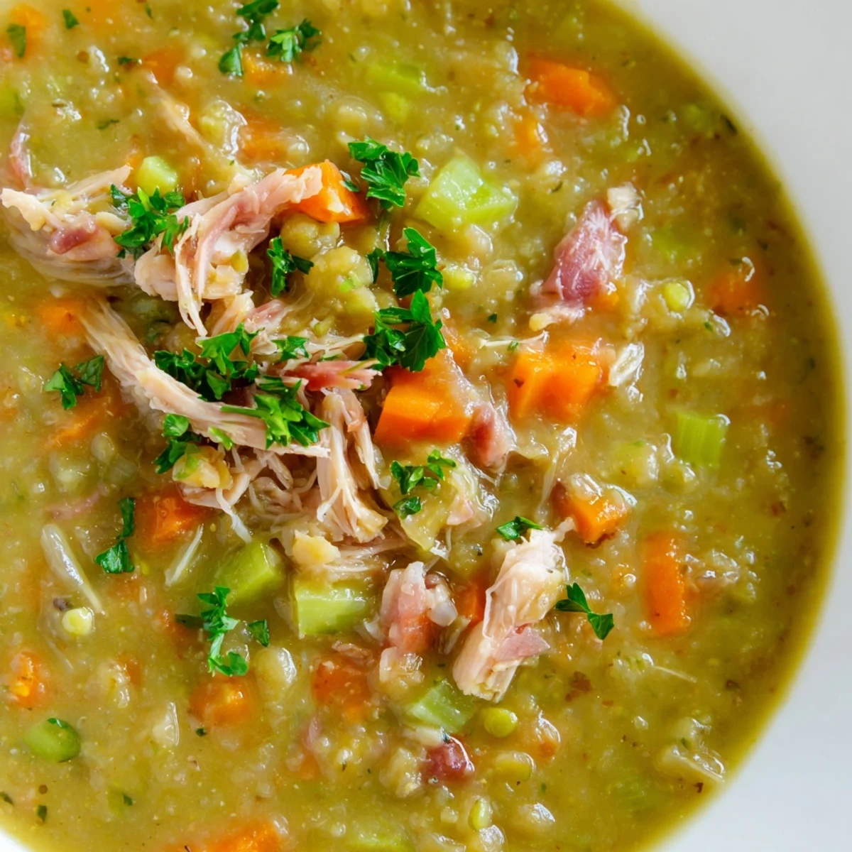 A cozy bowl of Green Split Pea Soup with Smoked Turkey served next to crusty bread, steam rising gently.