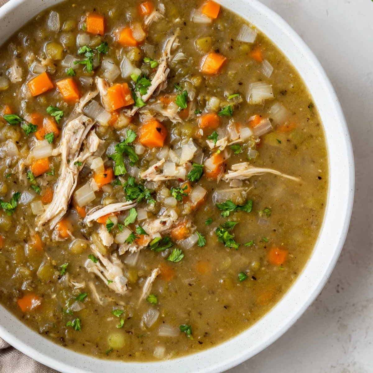 Tender shredded smoked turkey and earthy green peas swim in this savory soup, ladled into a rustic ceramic bowl.