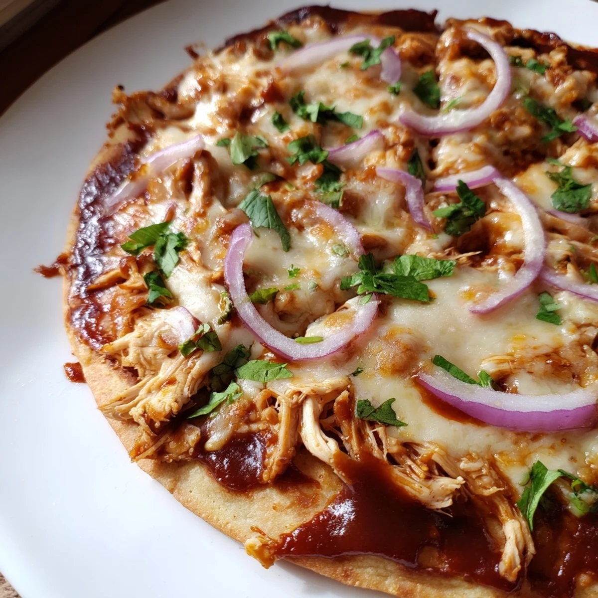 Freshly baked BBQ Chicken Pizza with red onion, featuring bubbly mozzarella and smoked gouda on a golden-brown crust.