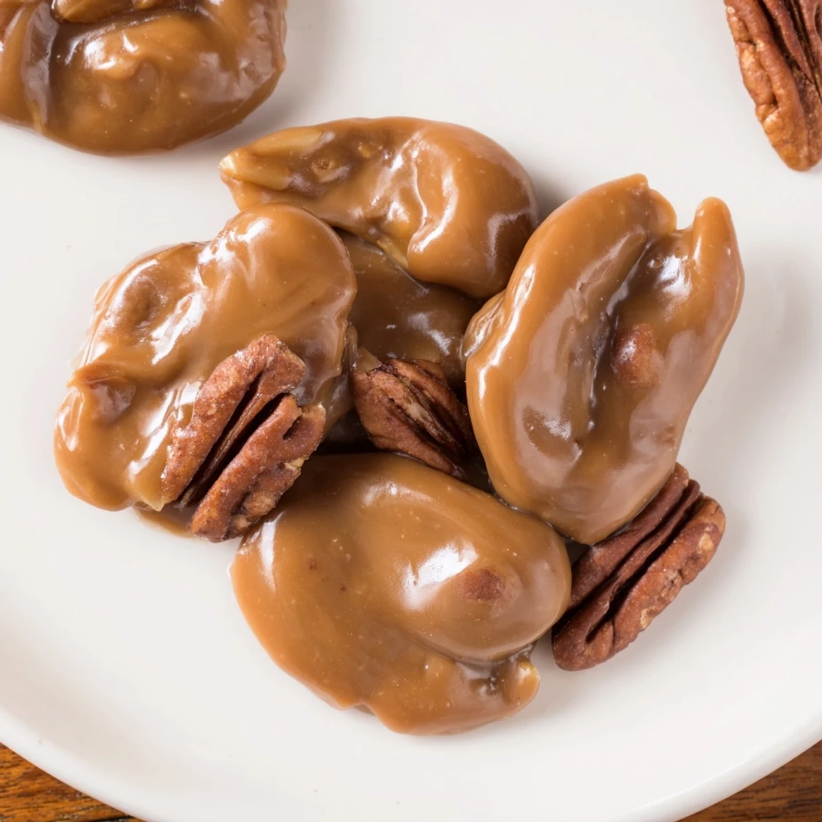 Hand reaching for a Mardi Gras Pecan Praline, highlighting melt-in-your-mouth texture beside a hot coffee.