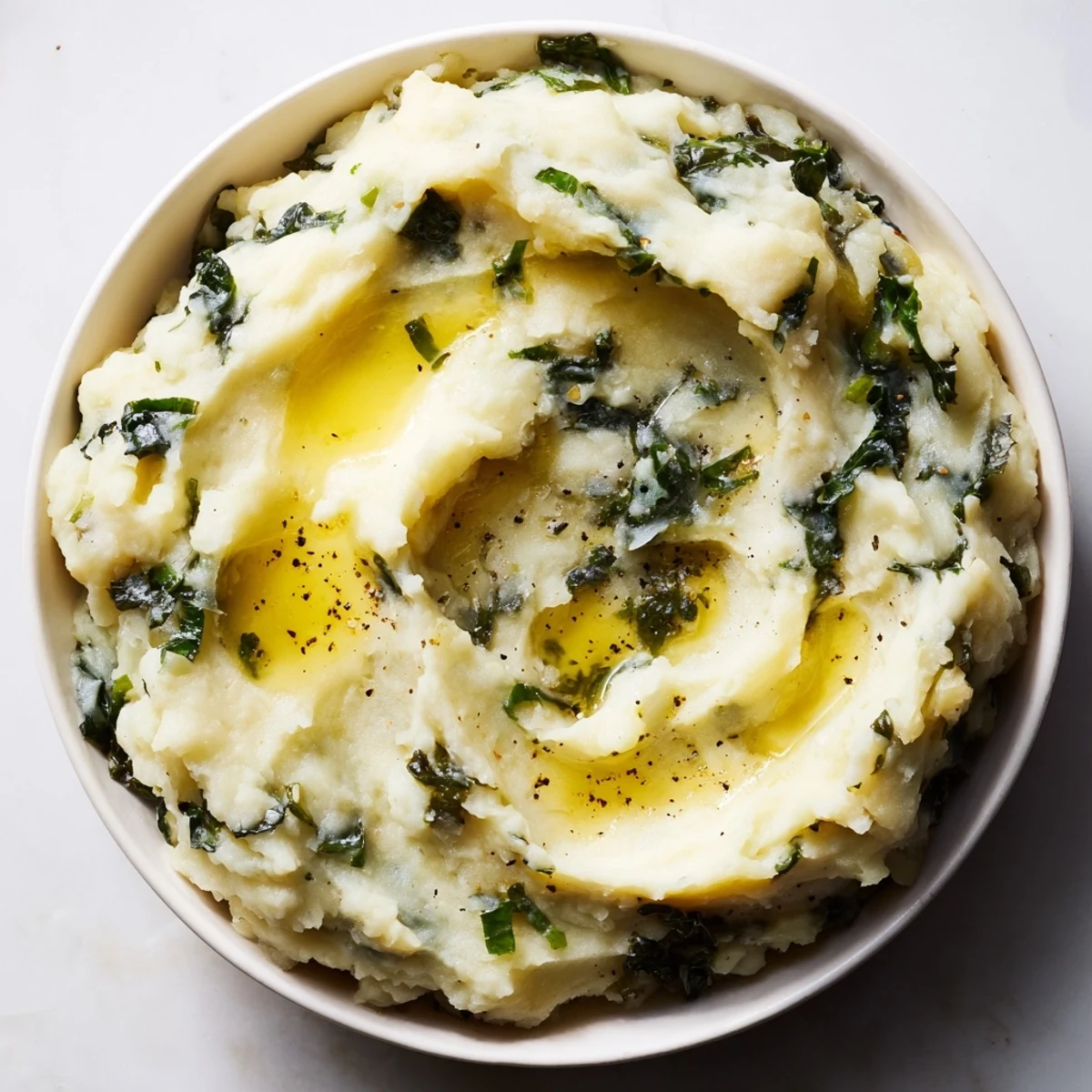 Creamy Irish Colcannon Mashed Potatoes with Kale topped with melting butter and sliced scallions served alongside roasted lamb.