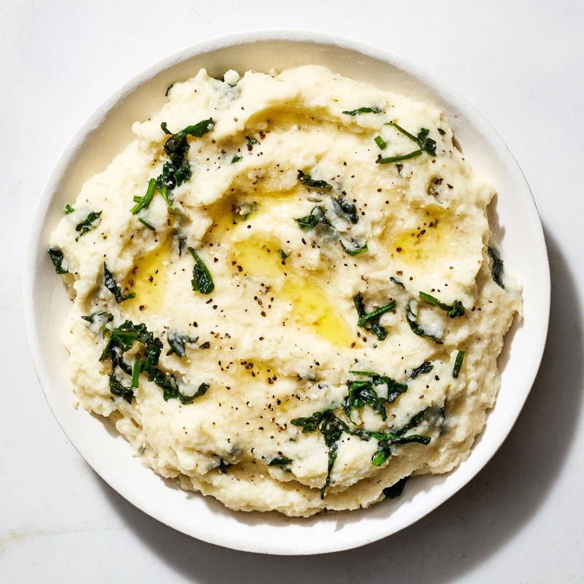 Fluffy Irish Colcannon Mashed Potatoes with Kale mixed with sautéed greens and scallions in a rustic ceramic serving bowl.