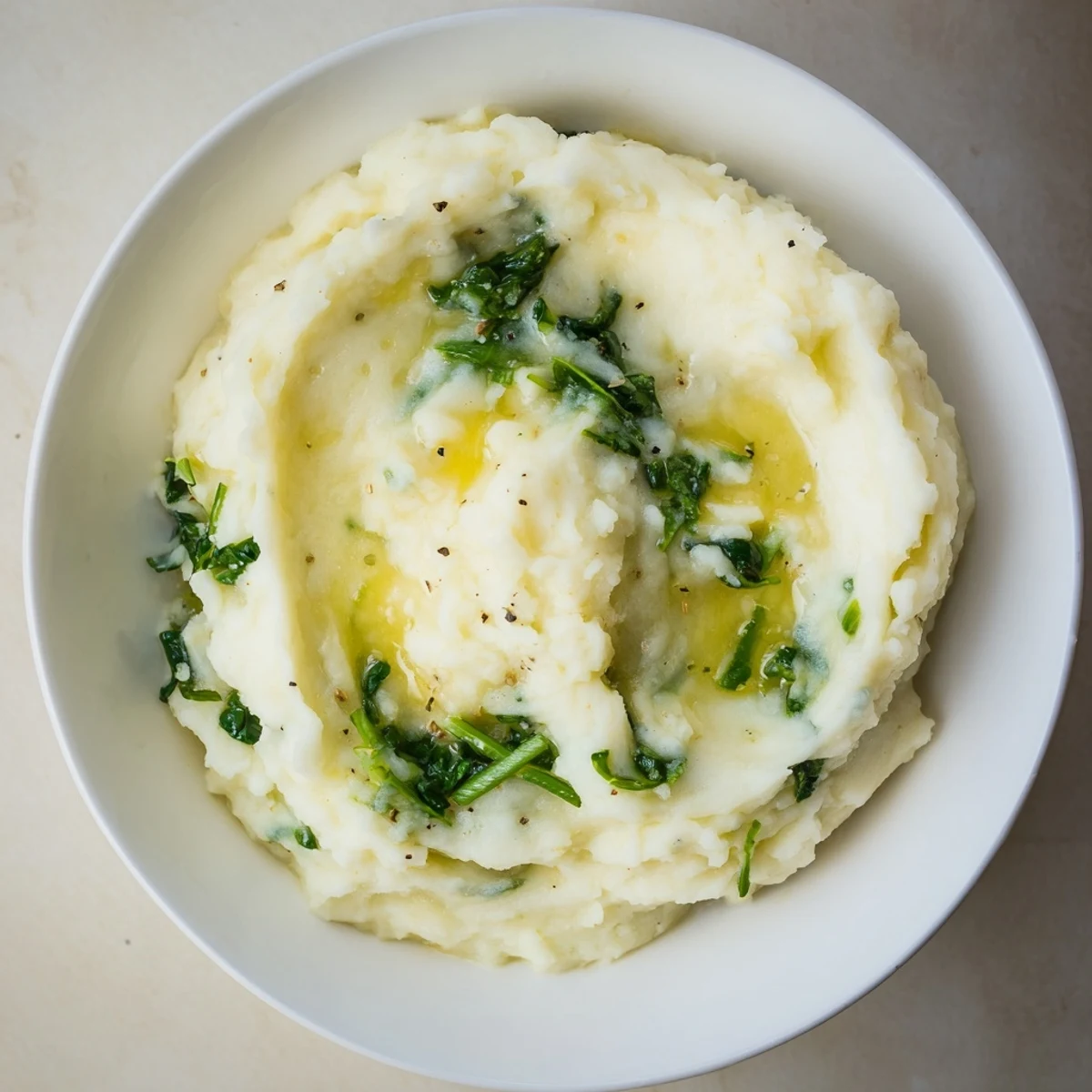 Homemade Irish Colcannon Mashed Potatoes with Kale blended with butter and warm milk, ready to be scooped onto plates.