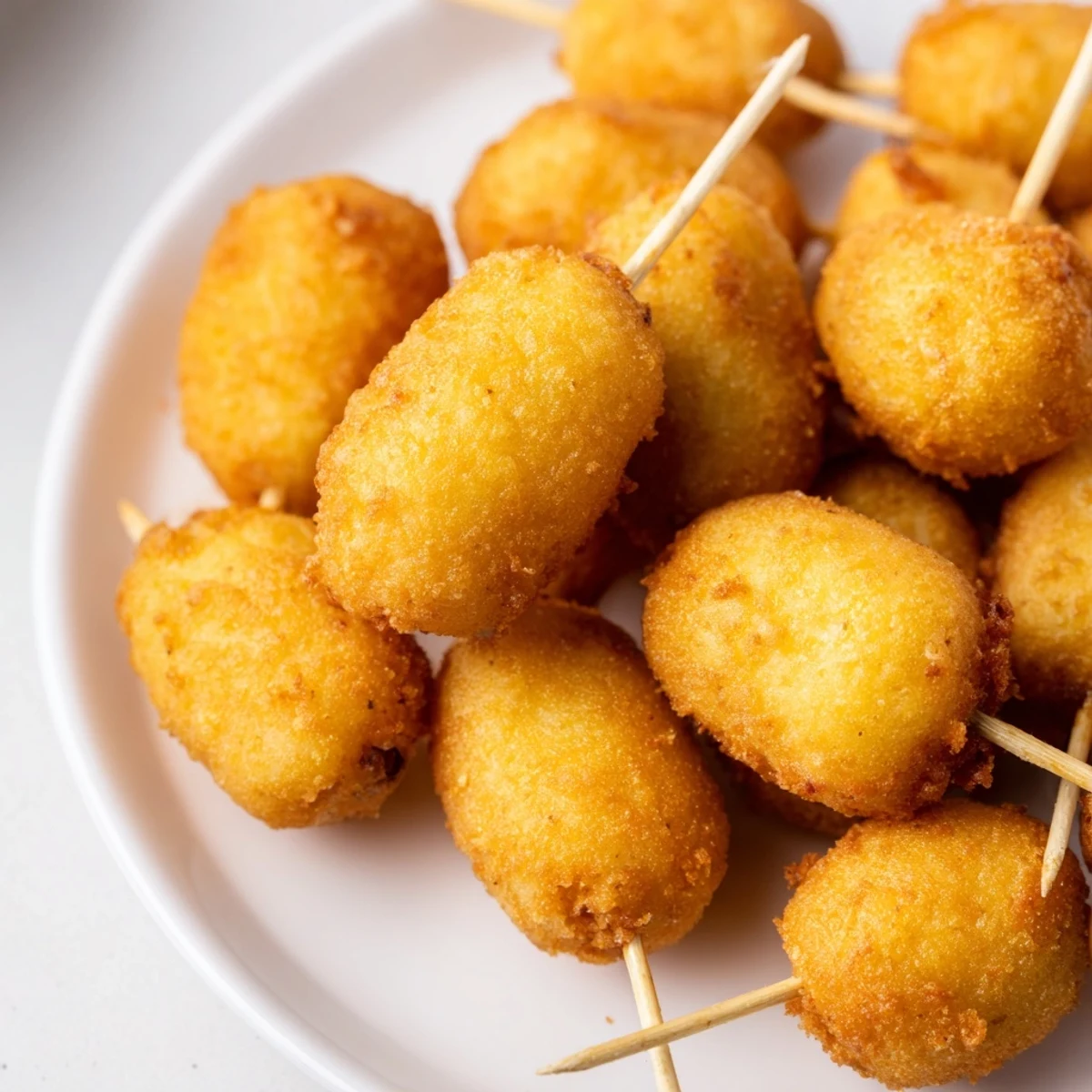 Golden brown Mini Corn Dogs with beef franks, coated in crisp batter and served on a platter with ketchup and mustard.