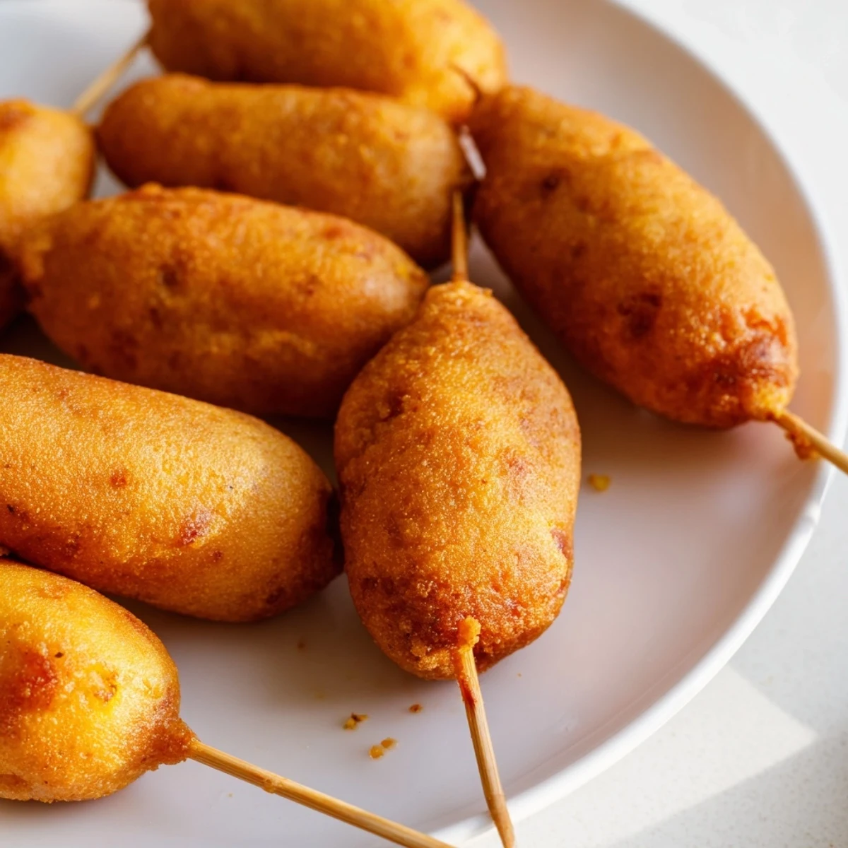 Crispy Mini Corn Dogs with beef franks on a plate, ready to dip into tangy mustard or ketchup for a snack.