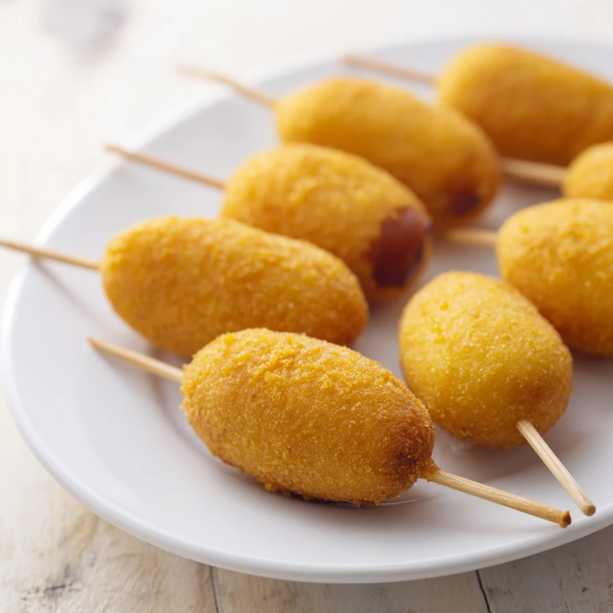 Freshly fried Mini Corn Dogs with juicy beef franks, toothpicks visible, paired with dipping sauces for a party appetizer.