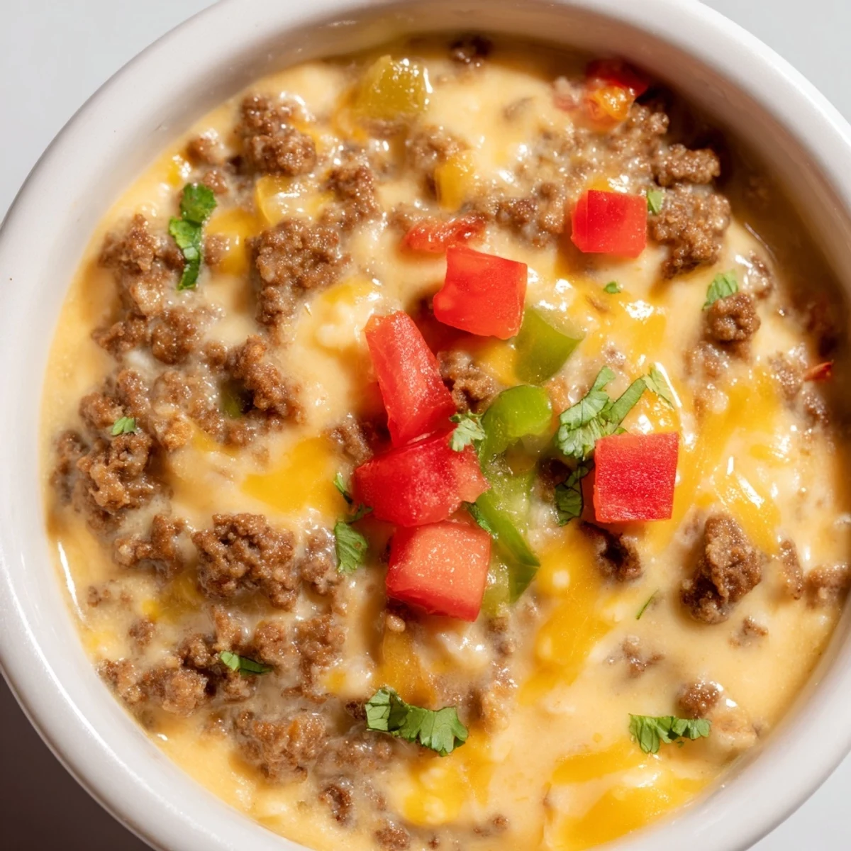 Melted cheddar and processed cheese cling to seasoned ground beef in this creamy Beef Queso Dip.