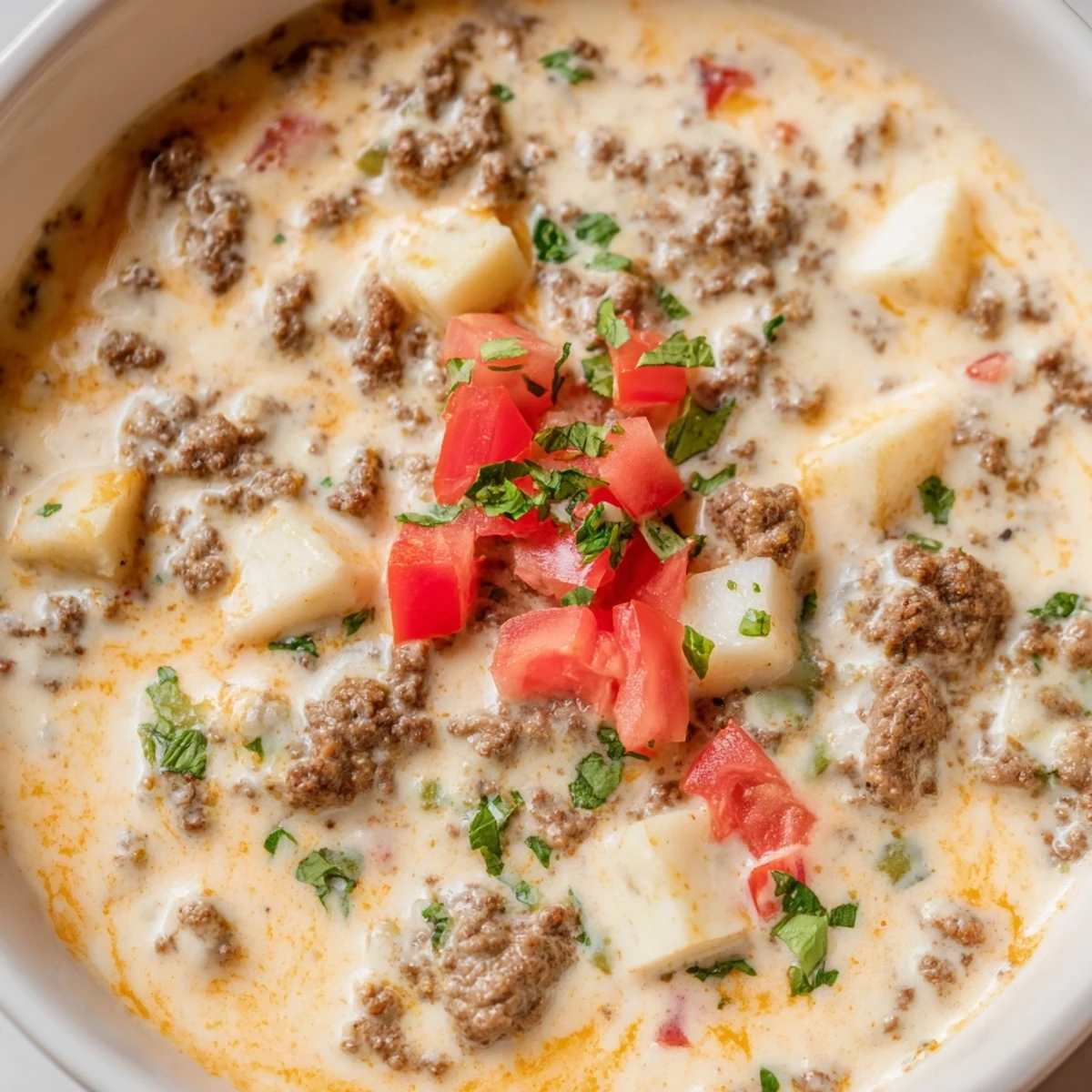 Beef Queso Dip with Tortilla Chips served warm in a rustic bowl, garnished with fresh cilantro.