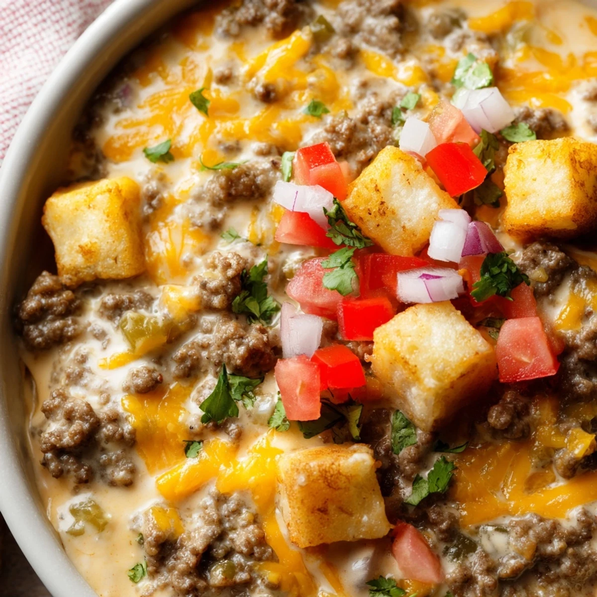 Party-ready Beef Queso Dip with Tortilla Chips beside colorful diced tomato and jalapeño toppings.