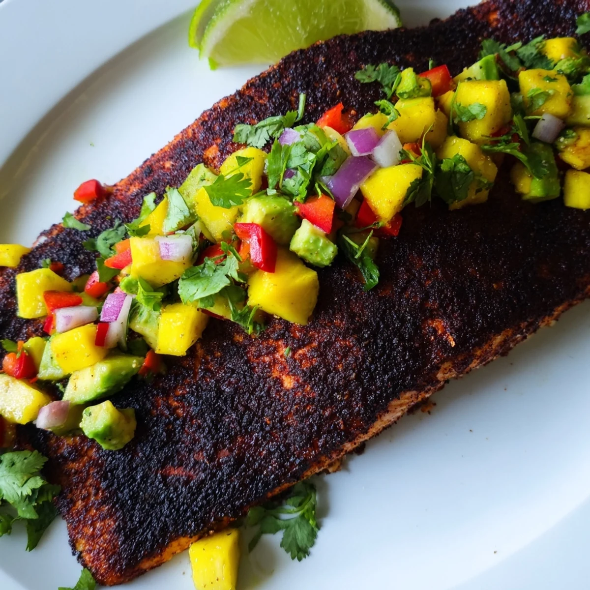 Freshly blackened salmon fillets topped with vibrant mango avocado salsa, served alongside fluffy white rice for a colorful main dish.