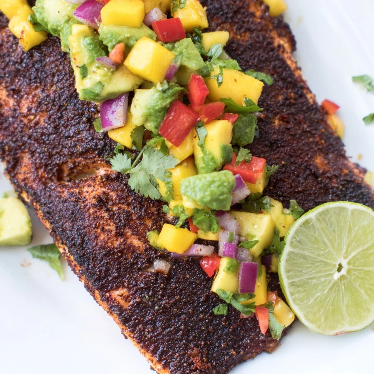 Sizzling blackened salmon steaks just seared in a hot cast iron pan, featuring a bold spice crust ready to be topped with salsa.