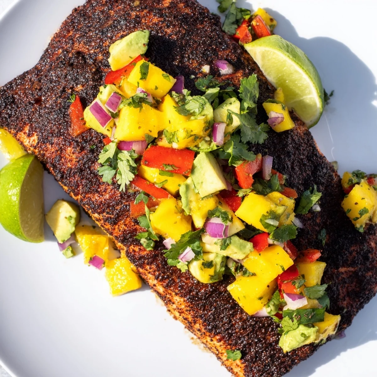 Close-up of flaky, perfectly cooked Blackened Salmon with Mango Avocado Salsa, highlighting juicy mango chunks and creamy avocado on fresh fish.
