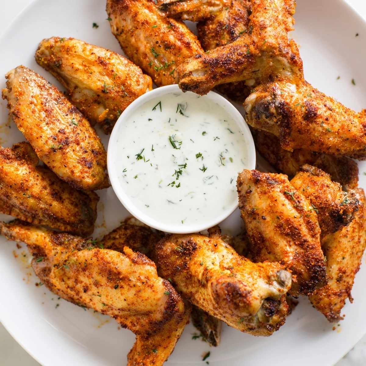Golden-brown Spicy Chicken Wings with Ranch Dressing garnished with fresh parsley and chives on a platter.  