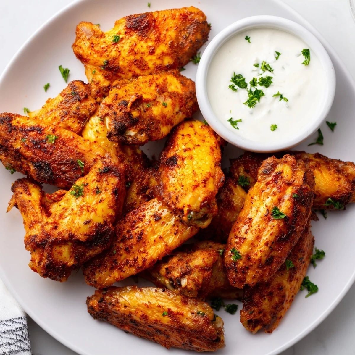 A close-up of oven-baked Spicy Chicken Wings with Ranch Dressing, highlighting crispy, golden skin and creamy dip.  