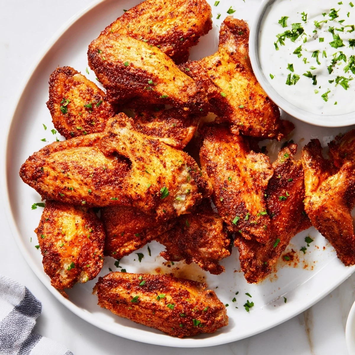Spicy Chicken Wings with Ranch Dressing served on a platter, perfect for game day appetizers or party gatherings.