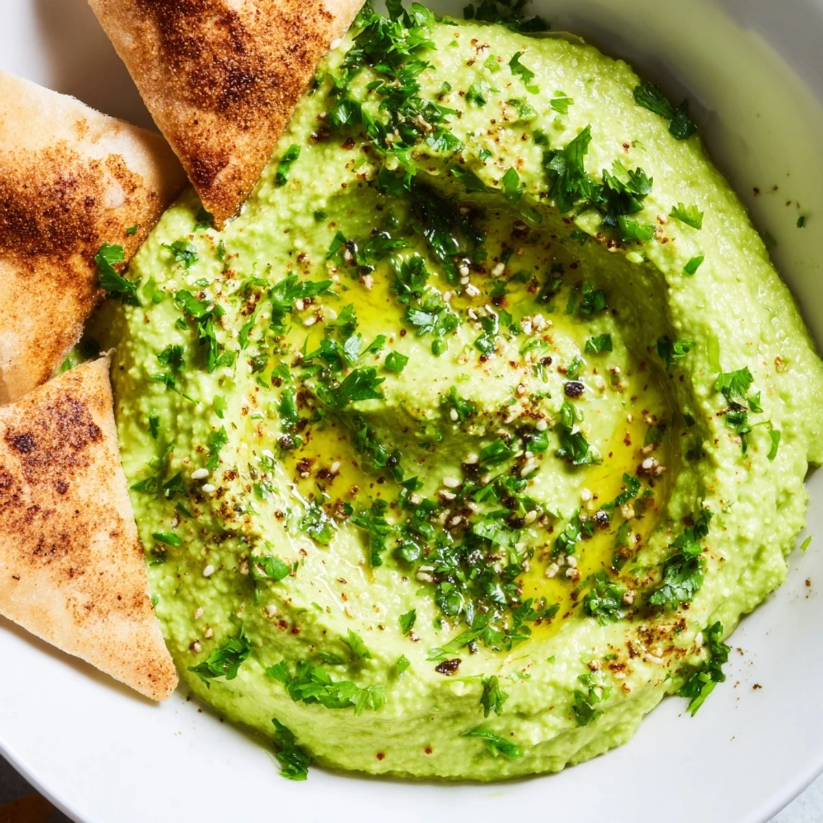 A bowl of vibrant green avocado hummus topped with olive oil, served with golden baked pita chips.