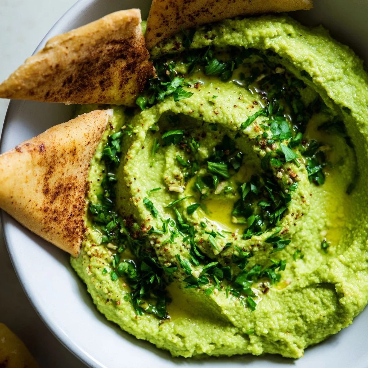 Dipping a crisp pita chip into a savory avocado hummus garnished with fresh cilantro and herbs.