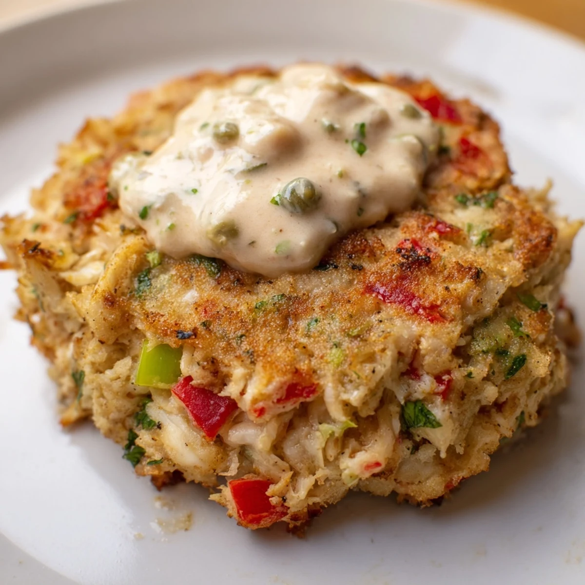 Golden-brown Cajun Crab Cakes with Remoulade Sauce rest on a platter beside fresh lemon wedges and a small dipping bowl of the tangy sauce.